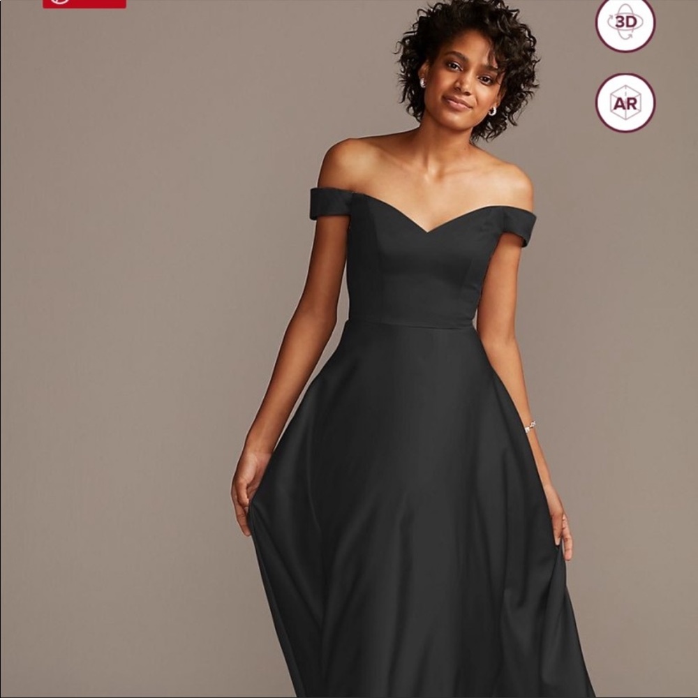 David’s Bridal off the shoulder satin A-Line bridesmaid dress